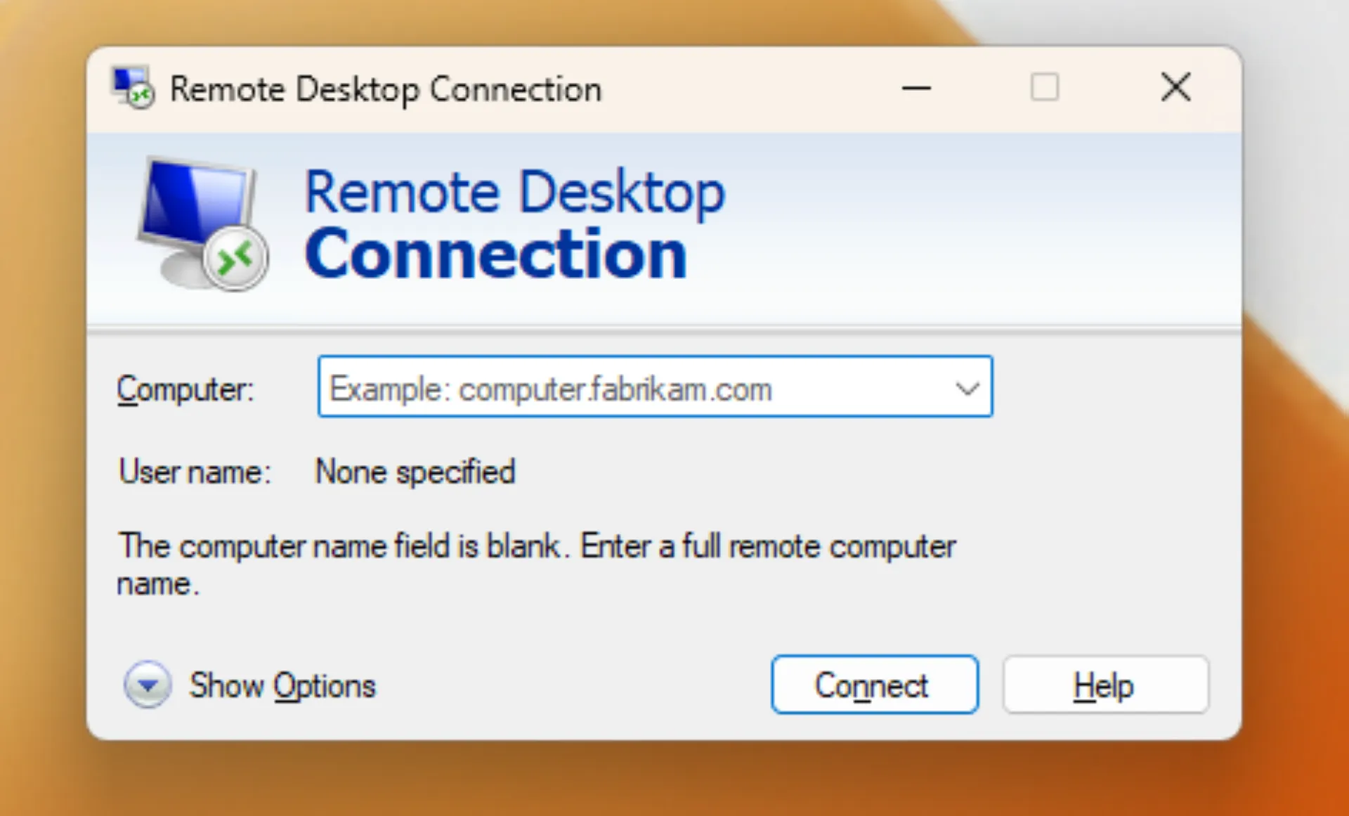 Tampilan utama Remote Desktop Connection